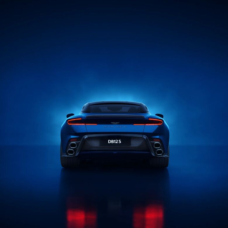 Blauwe Aston Martin DB12 S recht van achteren in een studio, met DB12 S-belettering